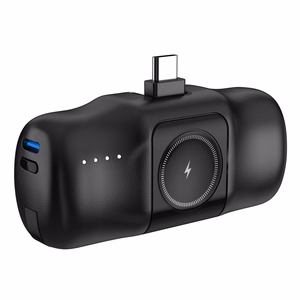 Wozinsky WF16-YCS 5000mAh 15W USB-C mini išorinė baterija su įmontuotu USB-C kabeliu ir Apple Watch įkrovikliu - juoda