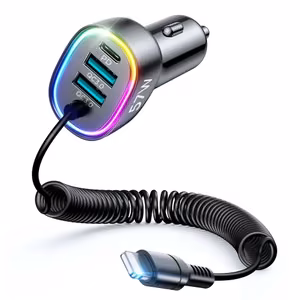 Joyroom JR-CL20 automobilinis įkroviklis, 57W, 2xUSB-A QC3.0, USB-C PD ir integruotas 1,6m Lightning laidas, juodas