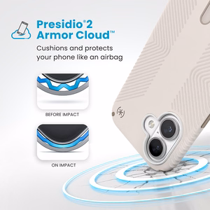 Speck Presidio2 Grip dėklas su MagSafe ir ClickLock, skirtas iPhone 16, „Bleached Bone/Heirloom Gold“