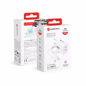 Telefono įkroviklis Forcell F-Energy GaN III Crystal Color, 2x USB C, AVS, SSFC3.0, 60W + silikoninis laidas USB C į USB C VT-60, baltas