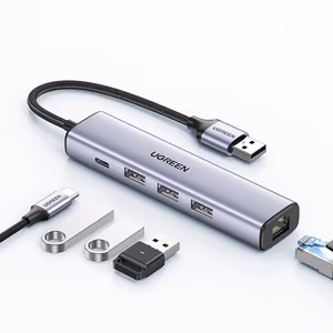 Ugreen CM475 daugiafunkcis šakotuvas USB 3.0 - 3x USB / Ethernet RJ-45 / USB Type-C PD - pilkas