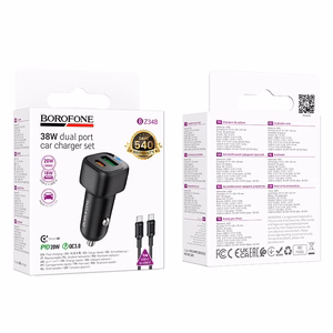 Juodas automobilinis įkroviklis „Borofone BZ34B Cloud“ USB-A + USB-C, QC 3.0, PD, 38 W, su USB-C–USB-C laidu
