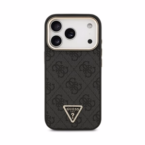 Dėklas Guess PU Leather 4G Strass Triangle Logo Gold Frame MagSafe Apple iPhone 18 Pro juodas