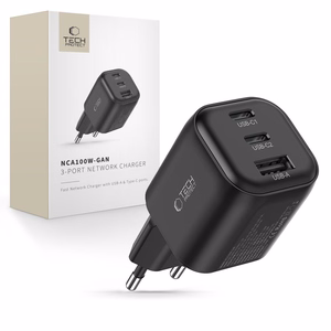 „Tech-Protect NCA100W-GaN“ 3 jungčių 100 W PD 3.2 / QC 3.0 maitinimo adapteris – juodas