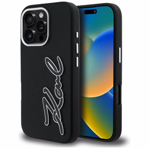 Karl Lagerfeld FW Grained Signature Logo Dėklas iPhone 16 Pro - juodas