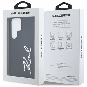Karl Lagerfeld silikoninis metalinis parašo logotipas Samsung Galaxy S25 Ultra dėklas juodas