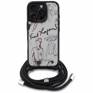 Karl Lagerfeld kryžminis grūdėtas raštas ir logotipo dėklas iPhone 16 Pro - pilkas