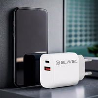 Blavec sieninis įkroviklis BC-2 - USB + Type C - QC 3.0 PD 20W su Type C į Type C kabeliu (TCBC2-UCW20+CC) baltas