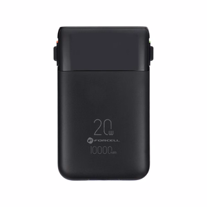 FORCELL F-ENERGY F10K6 Multicharge išorinė baterija su integruotais USB-C ir Lightning laidais, PD, QC3.0, 3 A, 22,5 W, 10000 mAh, juoda