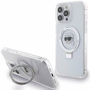 Karl Lagerfeld KLHMP15LHMRSKHH iPhone 15 Pro 6.1" baltas/baltas kietas dėklas su žiediniu stovu Karl Head Magnetinis