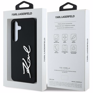 Karl Lagerfeld silikoninis metalinis parašo logotipas Samsung Galaxy S25 dėklas juodas