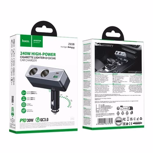 Automobilinis įkroviklis Hoco 1xUSB A + 1xUSB C+2x cigarečių degiklio prievadai PD QC3.0 max 240W/24V Z65B juodas