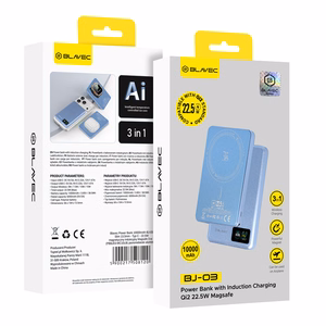 Blavec BJ-03 5000 mAh itin plonas magnetinis išorinis akumuliatorius su „MagSafe“, 7,8 mm, USB-C, 22,5 W, 3 viename (PBBJ03-MC5LB) (spalva: šviesiai mėlyna; aliuminio korpusas)