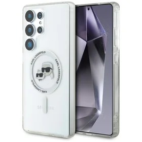 Dėklas telefonui Karl Lagerfeld Button Karl & Choupette Heads Išspausdintas logotipas MagSafe Samsung Galaxy S25 Ultra - baltas