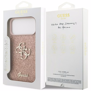 Guess Fiksuotas Blizgus Didelis 4G dėklas telefonui iPhone 17 Pro Max - rožinė