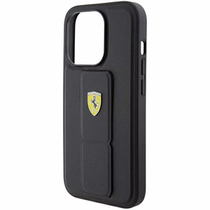 Ferrari Grip Stand Metal Logo dėklas iPhone 15 Pro – juodas