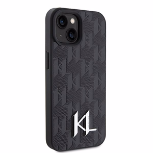Karl Lagerfeld KLHCP15SPKLPKLK iPhone 15 / 14 / 13 6.1" juodas/juodas kietas dėklas Odinė monograma karštas štampas metalinė logotipas