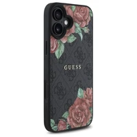 Guess GUHMP16SP4ROPEMCK iPhone 16 6.1" juodas/juodas kietas dėklas 4G Gėlių Raštas Magnetinis