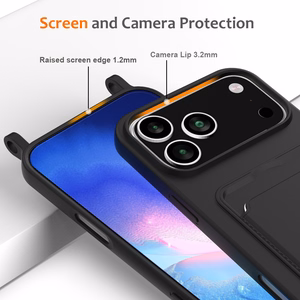 Juodas skysto silikono dėklas iPhone 18 Pro / 17 Pro su kortelių laikikliu ir dirželiu
