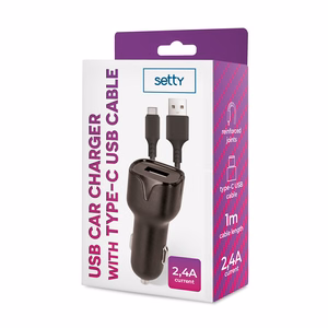 "Setty" automobilinis įkroviklis 1x USB 2,4A juodas + USB-C kabelis 1,0 m
