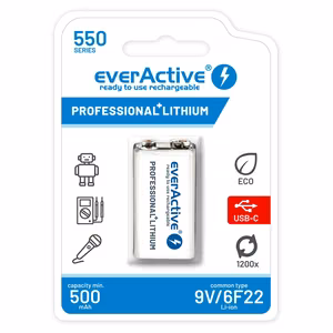 Аккумулятор everActive 6F22/9V Li-ion 550mAh с USB-C