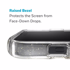 Speck Presidio Perfect-Clear with Glitter + MagSafe case for iPhone 15 Plus / 14 Plus, with Microban antimicrobial protection, Clear / Gold Glitter