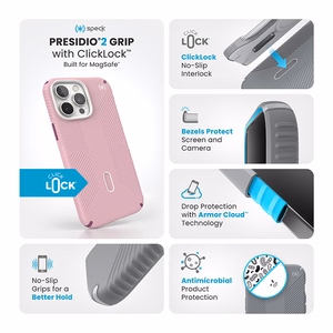 Speck Presidio2 Grip ClickLock & MagSafe dėklas, skirtas iPhone 16 Pro Max, „Wednesday Pink“ / „Boysenberry Purple“ / baltas
