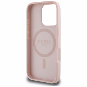 Guess Grained Hot Stamp Peony trikampio logotipo magnetinis dėklas telefonui iPhone 16 Pro - rožinis