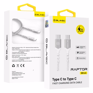 Blavec kabelis Raptor pintas - Type C į Type C - PD 60W 3A 3 metrai Apple CarPlay/Android Auto (CRA-CC3WS30) baltas-sidabrinis