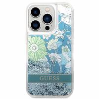 Guess Flower Liquid Glitter dėklas telefonui iPhone 14 Pro Max - žalias