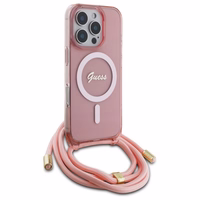 Guess Crossbody Cord Script Magnetinis dėklas iPhone 16 Pro Max - rožinis