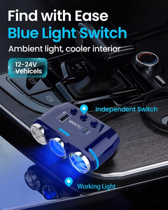 Automobilio cigarečių degiklio lizdo daliklis B39-C - 3 lizdai + USB + Type C - QC 3.0 PD 3A 120W su ekranu ir laidu