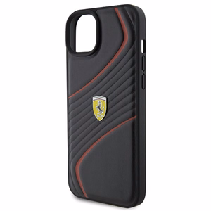 Ferrari dygsniuotas metalo logotipa dėklas iPhone 15 Plus – juodas