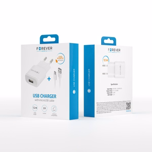 "Forever TC-01" įkroviklis 1x USB 2A baltos spalvos + microUSB laidas