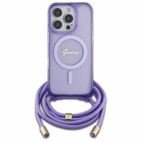 Guess Crossbody Cord Script Magnetinis dėklas iPhone 16 Pro Max - violetinis