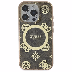 Guess IML Peony On 4G Background Magnetinis dėklas iPhone 16 Pro Max - rudas
