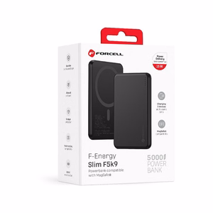 Forcell F-Energy Slim F5K9 išorinė baterija, suderinama su MagSafe, 5000 mAh, 15 W, QC 4.0, PD 3.0, juoda