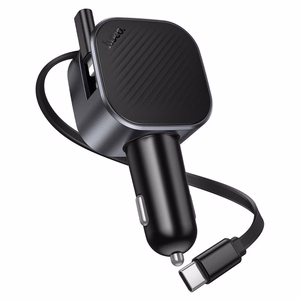 Automobilinis įkroviklis Hoco Z68, USB-A + USB-C, PD QC3.0, 45 W, su ištraukiamu USB-C kabeliu, juodas