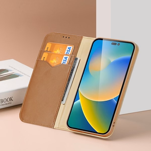 Dux Ducis Hivo odinis atverčiamas dėklas tikros odos piniginė kortelėms ir dokumentams iPhone 14 Pro ruda