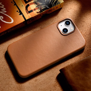 iCarer Dėklas Odinis viršelis iPhone 14 Plus rudas (suderinamas su MagSafe)