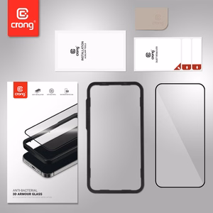 Crong Anti-Bacterial 3D Armor Glass 9H visą ekraną dengiantis grūdintas apsauginis stiklas, skirtas iPhone 14 Pro, su montavimo rėmeliu