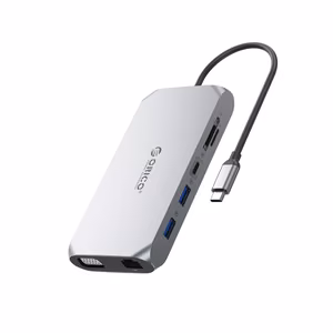 Orico XCR 12 viename USB-C prijungimo stotelė 2x USB-A 3.1 1x USB-A 2.0 1x USB-C PD 100W 1x USB-C 3.1 2x HDMI 2.0 4K 60Hz 1x VGA 1080p 1x SD 3.0 1x microSD 3.0 1x RJ45 Gigabit Ethernet 1x garso CTIA 3.5 mm - pilka