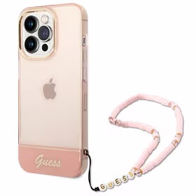 Guess GUHCP14XHGCOHP iPhone 14 Pro Max 6.7" rožinis/rožinis kietas dėklas Translucent Pearl Strap