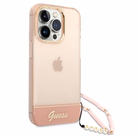 Guess GUHCP14XHGCOHP iPhone 14 Pro Max 6.7" rožinis/rožinis kietas dėklas Translucent Pearl Strap