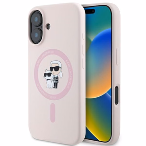 Karl Lagerfeld silikoninis Magnetinis dėklas telefonui iPhone 16 Plus su Karl & Choupette galvų žiedu - rožinė