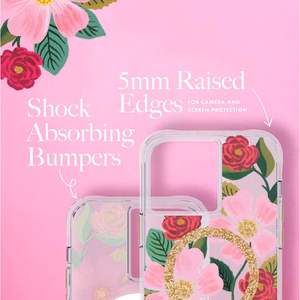 Rifle Paper Clear MagSafe dėklas, skirtas iPhone 14 Plus, su aukso spalvos dekoru, „Rose Garden“ rašto