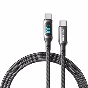 Vention medvilninis USB 2.0 C Male į C Male 5A laidas su LED ekranu 1.2M, juodas, cinko lydinys