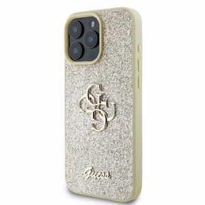 Guess Fiksuotas Blizgus Didelis 4G dėklas telefonui iPhone 16 Pro - auksinis