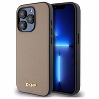 DKNY Grained Metal Logo Magnetinis iPhone 15 Pro dėklas - smėlio spalvos
