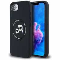 Karl Lagerfeld skystas silikoninis Karl & Choupette galvų dėklas su MagSafe iPhone 16e - juodas